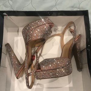 Heels 4”, blush fabric with lots of rhinestones.
